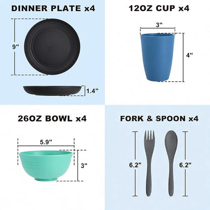 20PCS Plastic Dishes Set for 4, Unbreakable Wheat Straw Plates and Bowl Set | - Image 2