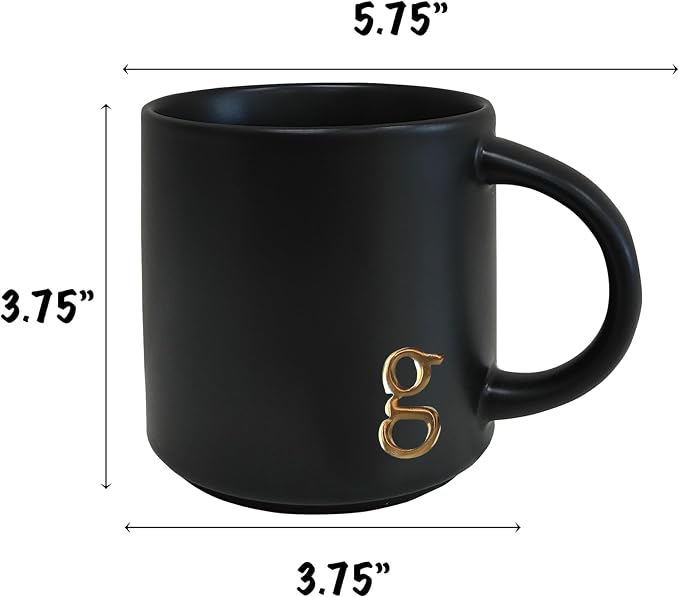 COLLECTIVE HOME Black Ceramic Coffee Mug, 15 oz Golden Monogram Tea Cup | - Image 4