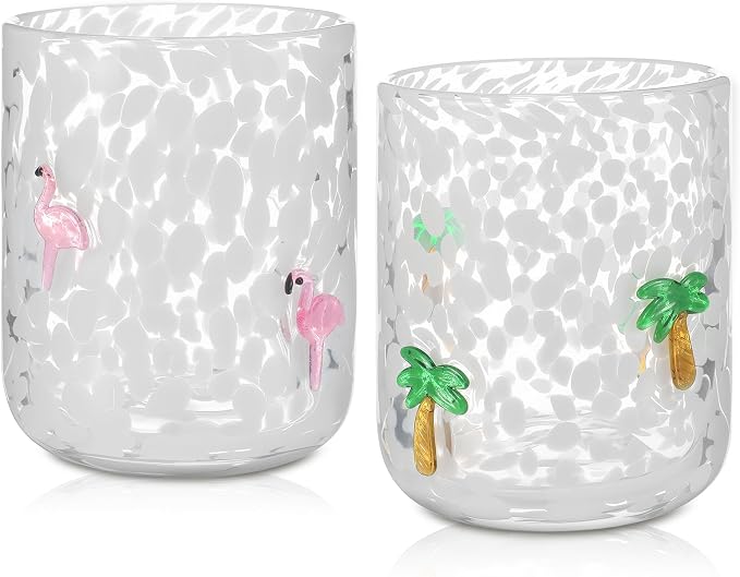 Skylety 2 Pcs Hawaii Icon Juice Rocks Glasses 14 oz Coconut Tree and Flamingo by Skylety