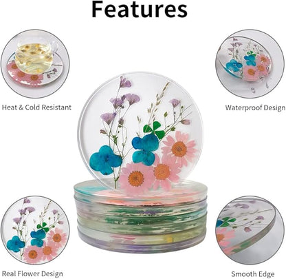 Drink Coasters Flower Cup Mat-Epoxy Resin Coasters with Colorful Natural Floral Reusable Round Kitchen Utensils for Dining Cups (Set of 4) (4, BD0001)