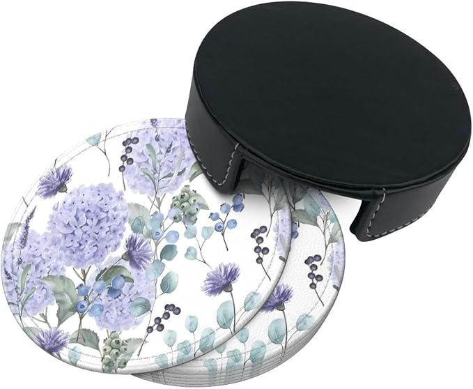6 Pcs Blue Purple Hydrangea Flower Leather Coasters - Image 5