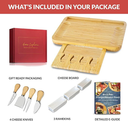 Home Euphoria Large Bamboo Charcuterie Board and Knife Set - Cheese Board with Bowls, Beautiful Gift for Mom