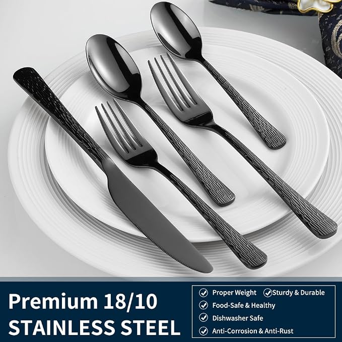 Hammered Black Silverware Set, Flatware Set, 18/10 Stainless Steel Premium - Image 6