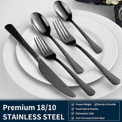 Hammered Black Silverware Set, Flatware Set, 18/10 Stainless Steel Premium - Image 6