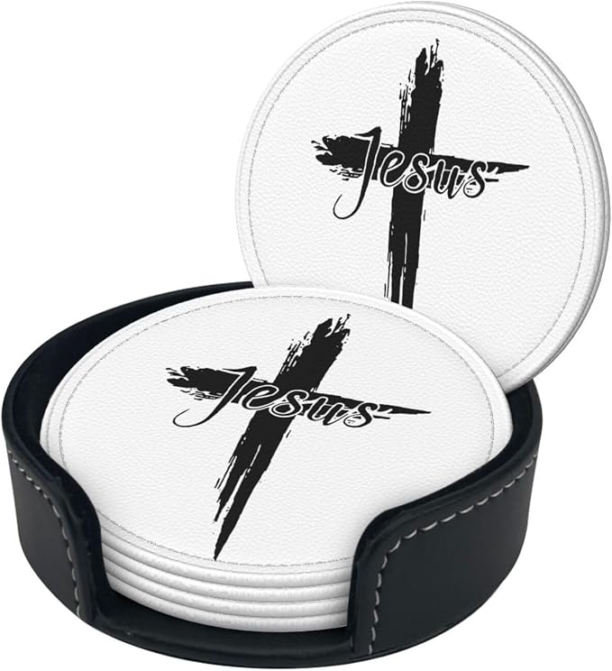 Jesus Cross Coasters for Drinks Set of 6, Round Leather Coaster - Image 3