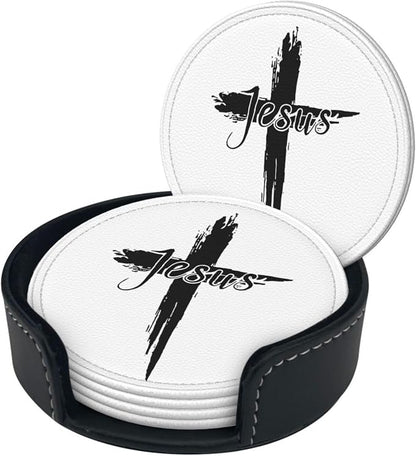 Jesus Cross Coasters for Drinks Set of 6, Round Leather Coaster - Image 3