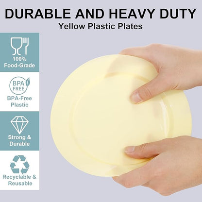 FLOWERCAT 200PCS Yellow Plastic Plates Disposable Plates for Party - Heavy Duty Plastic Plates - 100 10" Dinner Plates and 100 7" Salad Plates for Weddings, Easter Parties and Events