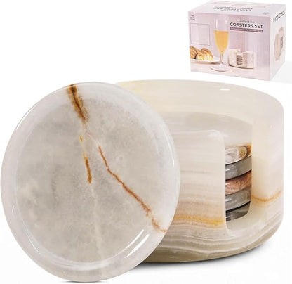 Marble Coasters Set of 6 Cream Onyx 3.5 Inch Round Stone Coaster by SPESHSTONES