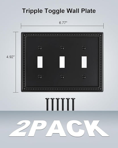 2-Pack Triple Toggle Light Switch Cover Plate, Pearls Decorative Switch Plate Covers, Black 3 Gang Metal Wall Plate, Corrosion Resistant
