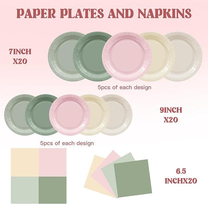 60pcs Pink and Sage Green Birthday Party Decorations, Serves 20 | Pink and - Image 2