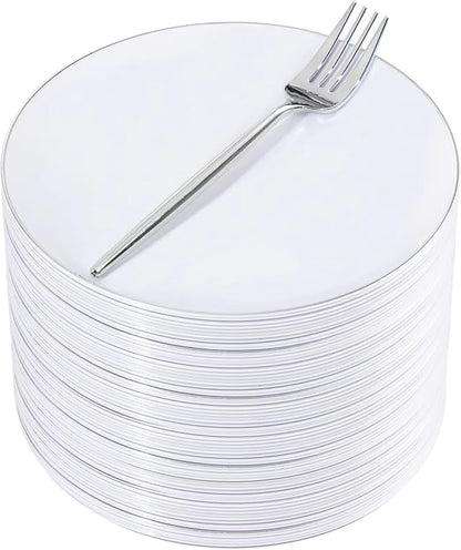 Rubtlamp 100Pcs Plastic Dessert Plates 7.5inch,100Pcs Disposable Silver Forks,White Plastic Plates With Silver Rim, Small Plastic Plates,Dessert Plates With Forks for Appetizer Cake
