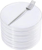 Rubtlamp 100Pcs Plastic Dessert Plates 7.5inch,100Pcs Disposable Silver Forks,White Plastic Plates With Silver Rim, Small Plastic Plates,Dessert Plates With Forks for Appetizer Cake