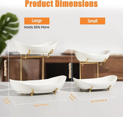 2 Tier Ceramic Fruit Bowl for Kitchen Counter, Tiered Fruit Basket for Countertop, Modern Multi Layer Fruit Display Stand for Party, Cute (Gold&White, Large)