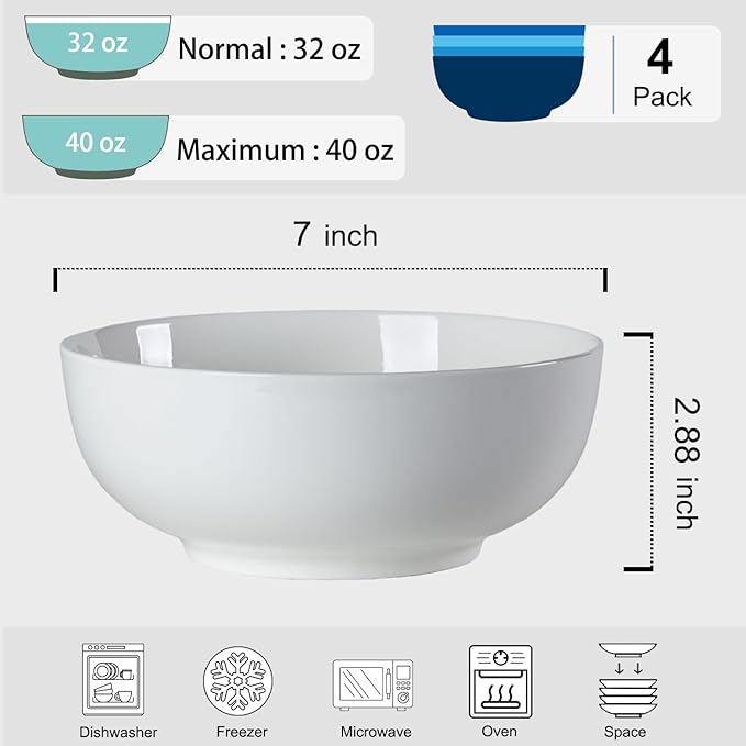 40 oz Large Soup Bowl, Pho Bowls, 7-Inch Off-White Porcelain Bowls Set of 4
