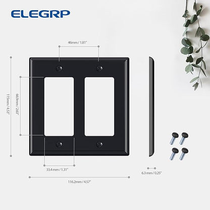 ELEGRP 2-Gang Decorative Wall Plates, Standard Size 4.53" H x 4.57" L Unbreakable Thermoplastic Faceplate Cover for Decorator Receptacle Outlet Switch, UL Listed (2 Pack, Glossy Black)