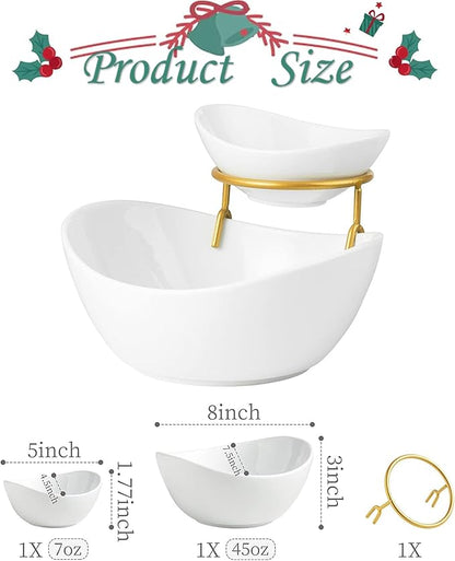 Porcelain Serving Bowl Set for Appetizer Serving Dishes Set with 2 Compartment, Chip and Dip Taco Rack Display Salad Bar Serving Set, Gold Stand