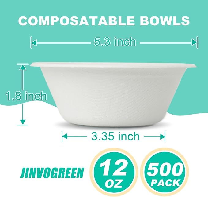 JINVOGREEN 500 Count 12 oz Paper Bowls, Disposable Compostable Bowls Bulk - Image 2