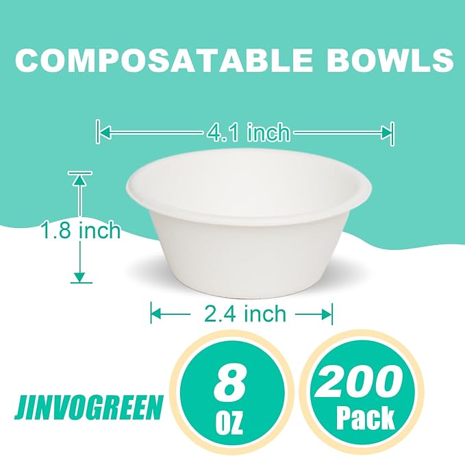JINVOGREEN 200 Count 8 oz Paper Bowls, Small Disposable Compostable Bowls - Image 3