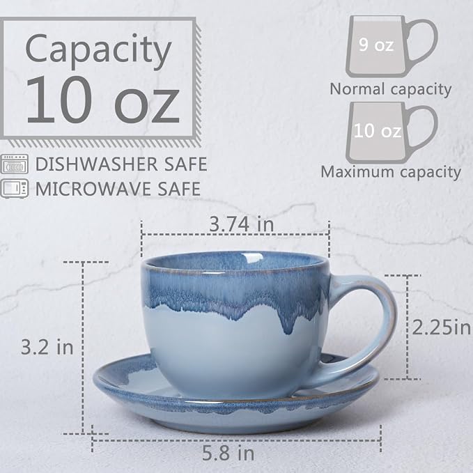 Bosmarlin Ceramic Cappuccino Cup and Saucer Set of 2, 10 Oz, Coffee Cups - Image 2