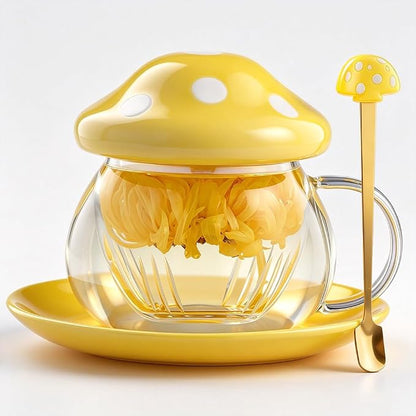 Mushroom Tea Cup Set, Cute Glass Tea Cups and Saucers, Kawaii Teacup by Unknown