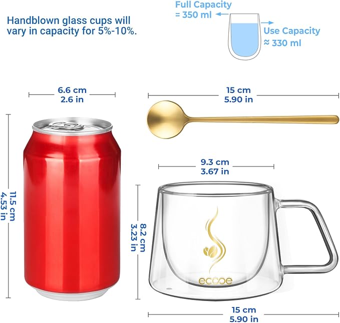 ecooe Double Walled Glass Coffee Mug 12oz Cappuccino Latte Macchiato Cups Set - Image 2
