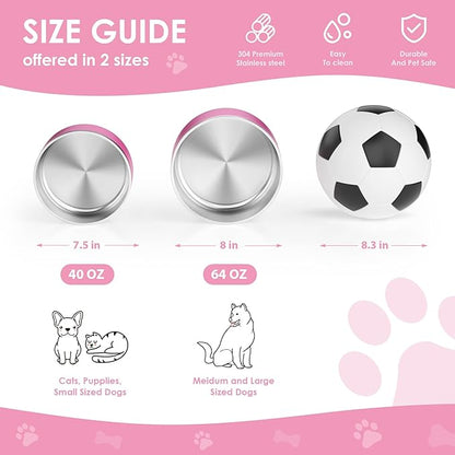 IKITCHEN Dog Bowl for Food and Water, 64 Oz Stainless Steel Pet Feeding Bowl, Durable Non-Skid Double Wall Insulated Heavy Duty with Rubber Bottom for Medium Large Dogs (64 Ounces/8 Cup, Pink)