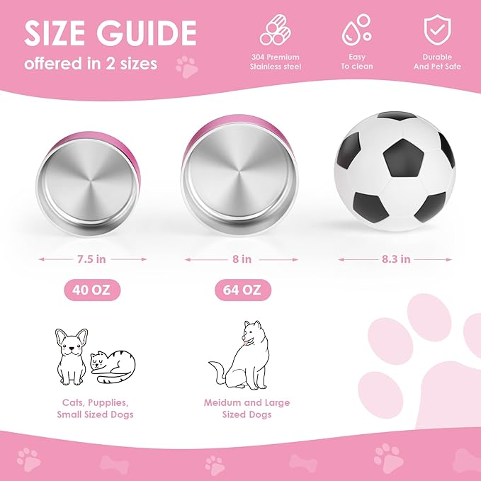 IKITCHEN Dog Bowl for Food and Water, 40 Oz Stainless Steel Pet Feeding Bowl, Durable Non-Skid Double Wall Insulated Heavy Duty with Rubber Bottom for Medium Large Dogs (40 Ounces/5 Cup, Pink)