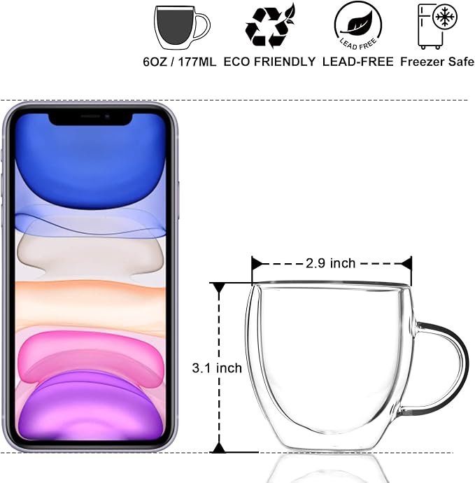 KitchenTour Insulated Coffee Mug 6 oz- Double Wall Glass Coffee Cup - Image 2