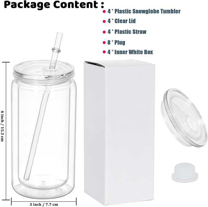 16 Oz Plastic Snowglobe Tumbler, 4 Pack Pre-Drilled Double Wall Plastic Clear - Image 6