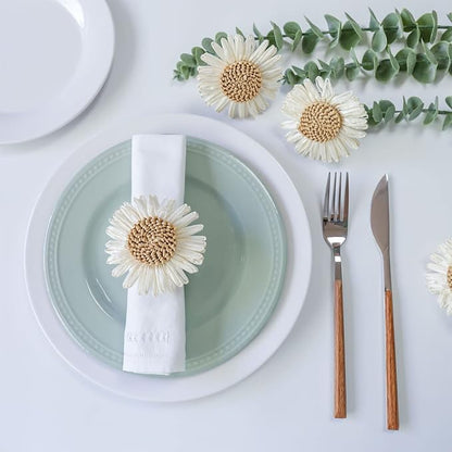 Woven Sunflower Napkin Rings Set of 4, Handmade Faux White Daisy Napkin Ring - Image 2