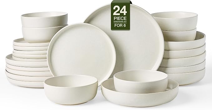Famiware Milkyway 24-Piece Stoneware Plates and Bowls, Matte Beige White | by Famiware