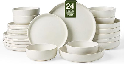 Famiware Milkyway 24-Piece Stoneware Plates and Bowls, Matte Beige White | by Famiware
