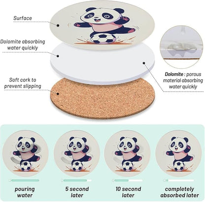 Ceramic Coasters Set of 6, Marble-Textured Design with Holder - Absorbent Cork-Backed Coasters for Cups, Bar & Coffee Table Decor Accessories (Panda, 6 Pack)