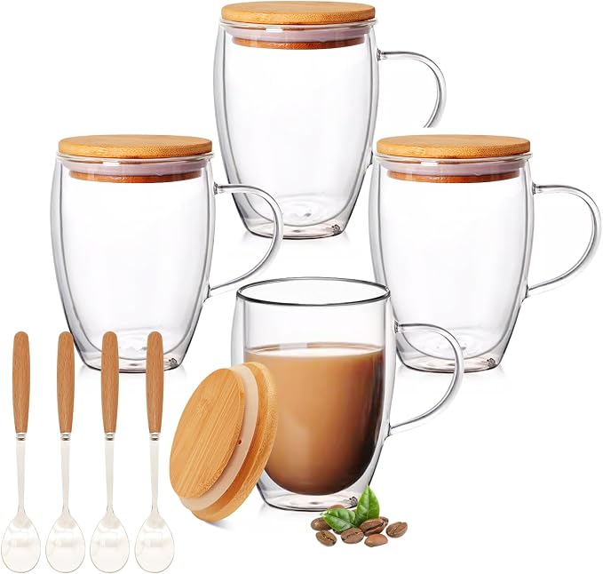 4 Pack 12oz Double Walled Glass Coffee Mugs by Unknown
