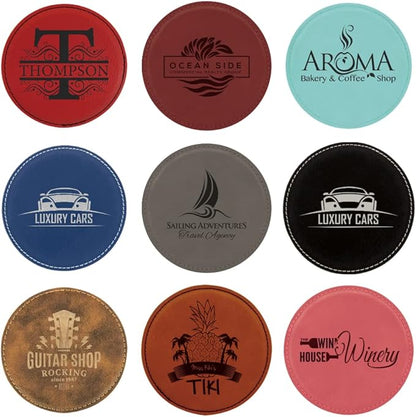 Custom Engraved Coasters | Personalized Leather Coaster | Set of 6 | Drink Coasters with Holder | Laser Engraved | Tabletop Protection | Gift for Couples (Round 4", Dark Brown w/Black)