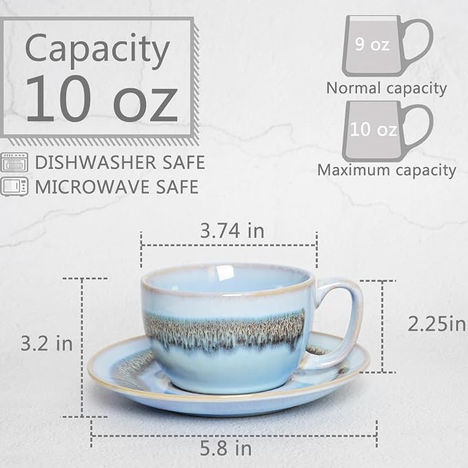 Bosmarlin Ceramic Cappuccino Cup and Saucer Set of 2, 10 Oz, Dishwasher and - Image 2
