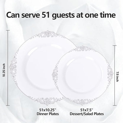 102PCS White and Silver Plastic Plates - Heavyweight Silver Plate - Wedding Plate with Silver Rim - Fancy Dinner & Dessert Plates for 51 Guests Weddings & Parties