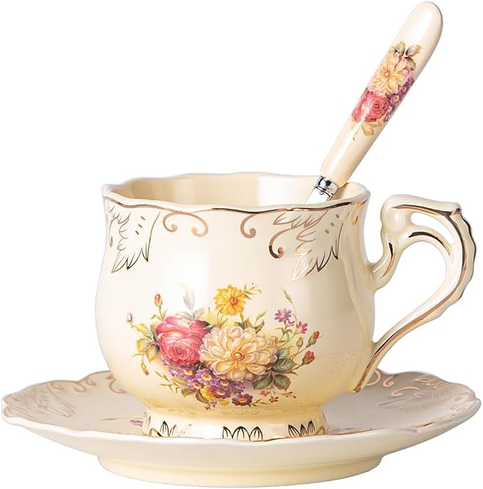 YOLIFE Tea Cup and Saucer Set, 8 OZ Flowering Shrubs Tea Cup Set | Ivory by YOLIFE