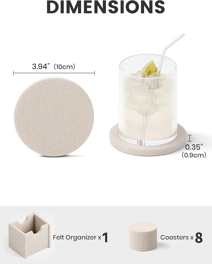 Fluxynara Felt Coasters with Holder, Oatmeal | Round Felt Coasters, - Image 2