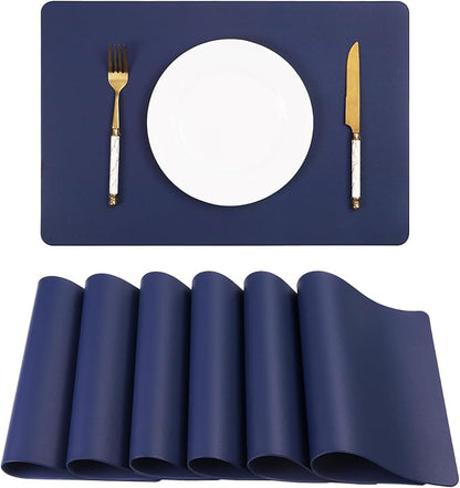 Faux Leather Placemats HeloHo Navy Blue Table Place Mats Set of 6 Waterproof Oilproof Heat Stain Resistant Washable Wipeable Placemat for Kitchen Dining Table Decoration Indoor Outdoor