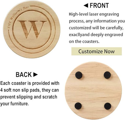 Personalized Wooden Coasters, Custom Engraved Monogram Coasters, Great Gifts for Relatives, Friends or Yourself (Set of 4)