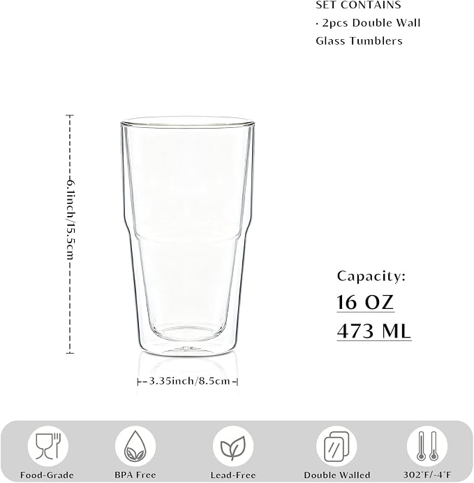 INSETLAN 16oz Double Wall Glass Cups Set of 2 – Borosilicate Glass Tumblers - Image 3