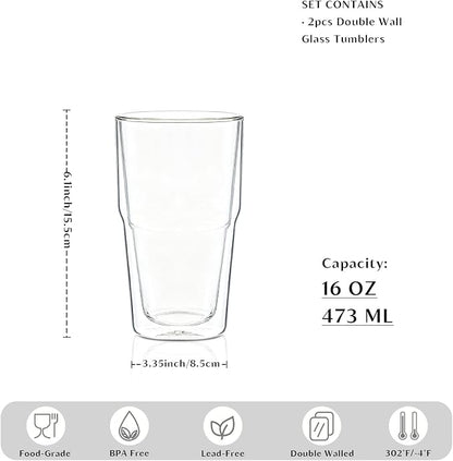 INSETLAN 16oz Double Wall Glass Cups Set of 2 – Borosilicate Glass Tumblers - Image 3