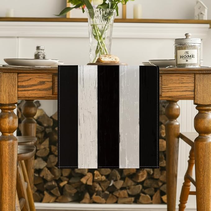 Artoid Mode Black and White Retro Rustic Wood Texture Table Runner, Seasonal - Image 2