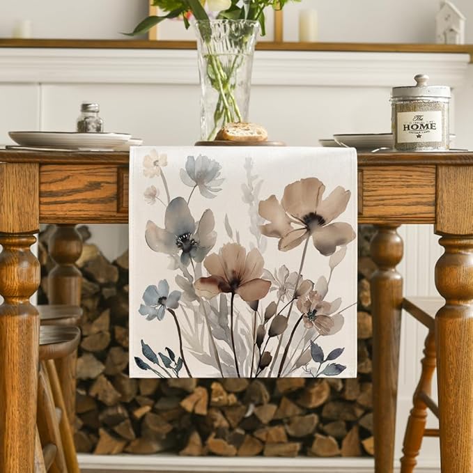 Artoid Mode Brown Poppy Floral Leaves Spring Table Runner, Seasonal Summer Kitchen Dining Table Decoration for Home Party Decor 13x60 Inch