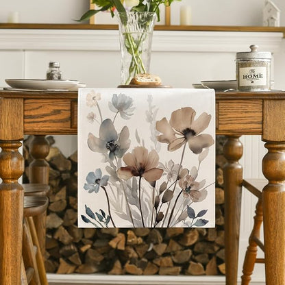 Artoid Mode Brown Poppy Floral Leaves Spring Table Runner, Seasonal Summer Kitchen Dining Table Decoration for Home Party Decor 13x60 Inch