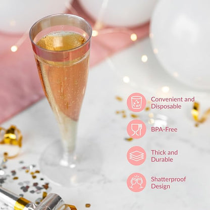 Prestee Set of 24 Plastic Champagne Flutes with Rose Gold Rim - 4.5 oz - Shatterproof Disposable Glasses - Elegant Design - Ideal for Weddings, Cocktail Parties, and Outdoor Celebrations
