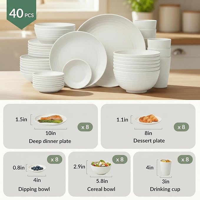 40 PCS Kitchen Dinnerware Sets, Wheat Straw Plates and Bowls Sets, Unbreakable - Image 2
