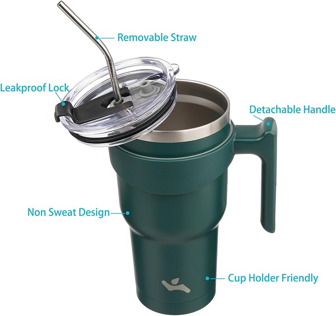 Konokyo 40 oz Tumbler with Handle and Straw, Insulated Travel Mug | Army Green; - Image 2