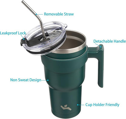 Konokyo 30 oz Tumbler with Handle and Straw, Insulated Travel Mug | Army Green; - Image 2